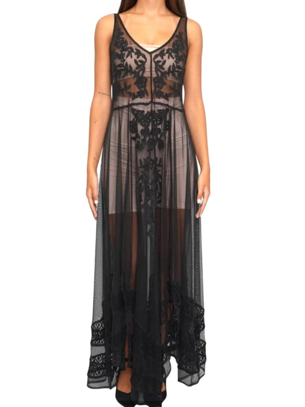 Sheer Black Lace Floral Embroidered V-Neck Maxi Dress Duster Cover-up